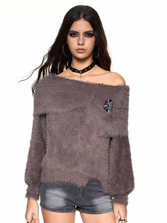 Grunge Punk Pull épais à col asymétrique / col asymétrique avec coupe ample, style vintage américain décontracté