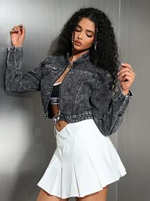 SHEIN EZwear Chaqueta vaquera minimalista de manga larga con cremallera delantera, para uso diario casual de mujeres