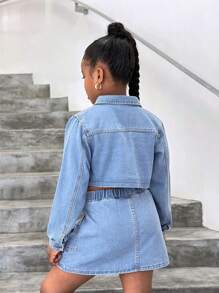 SHEIN Tween Girls Embroidered Patch Bomber Jacket & Denim Skirt 2 Pieces Set, Pre- - Light Wash - View 2