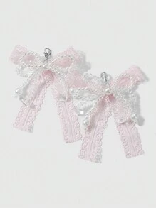 ROMWE Kawaii 2件套ins风可爱精致手工串珠白色仿珍珠、仿水晶、粉色网纱蝴蝶结龙虾扣DIY鞋靴装饰组合套装，适合女性和女孩日常佩戴或作为礼物 - 粉色 - 查看 3