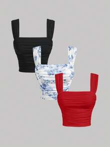 SHEIN MOD 3 Packs Of Simple Pleated Front Vests, Fall Sleeveless Tops, Layering Tops, Going Out Vests,Professional Clothes,Christmas Women Clothes - Red - View 1