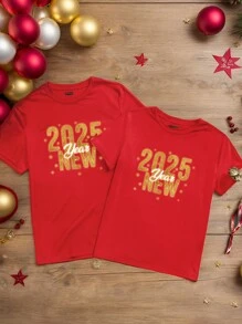 SHEIN EZwear 休闲宽松2025新年图案圆领短袖女式T恤，适合夏季 - 紅色 - 查看 2