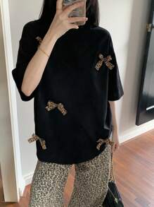 DAZY Women's Round Neck Leopard Print Bow Short Sleeve T-Shirt Summer Cute Tops - Black - View 3