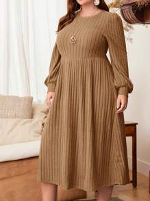 EMERY ROSE Plus Solid Lantern Red With Sleeves Sleeve Ribbed Knit Winter Dress - Camel - View 4