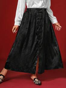 SHEIN VCAY 加大码优雅压花面料前纽扣设计前开衩裙，新年女装，中式风格，复古女装，除夕 - 黑色 - 查看 3