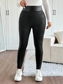 SHEIN Frenchy Plus Size Women Leopard Print High Waist Skinny Leggings, Winter