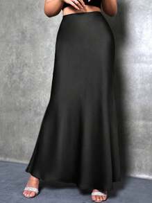 SHEIN Tall Women Black Satin A-Line Skirt Women Skirts Long, Elegant Skirt
