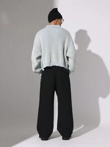 SUMWON Designer Ribbed Knit Quarter Zip Pullover Sweater Chunky Knit Polo Winter Autumn Heavyweight Cozy Textured Classic Preppy Casual Streetwear - Blue - View 5