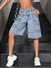 SHEIN EZwear 女士简约前扣口袋牛仔短裤，休闲日常穿着 - 藍色 - 查看 2