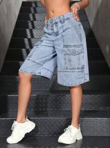 SHEIN EZwear 女士简约前扣口袋牛仔短裤，休闲日常穿着 - 藍色 - 查看 6