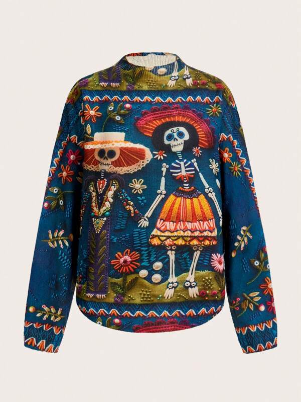 SHEIN LUNE Women's Casual Loose Fit Day Of The Dead Skeleton Pattern Long Sleeve Sweater, For Autumn/Winter
