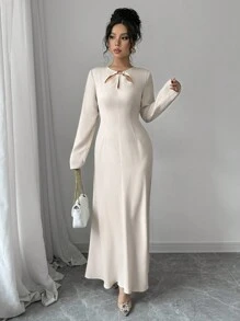 SHEIN Essnce Women Long Satin Dress, Metal Clasp Hollow-Out Dress, Long Sleeve Dress,Spring - Beige - View 10