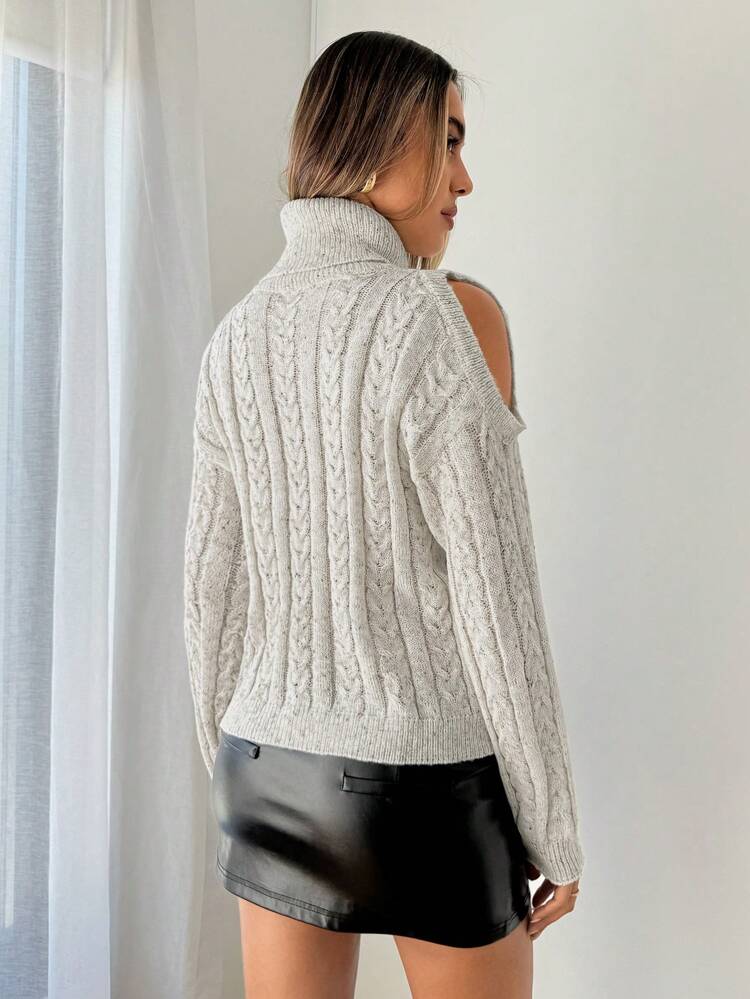 Turtleneck Cold Shoulder Cable Knit Sweater