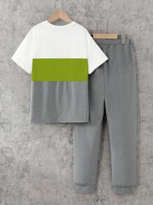 SHEIN 2pcs/Set Tween Boy Color Block Round Neck Long Sleeve Sweatshirt & Pants - Multicolor - View 2