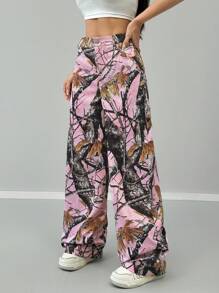 SHEIN EZwear Pantalones de pierna ancha de mujer casuales con estampado de ramas de árbol tejidos