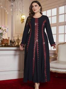 Al Najma Plus Size Custom Floral Trim Elegant Long Sleeve Long Dress,Modest - Black - View 5