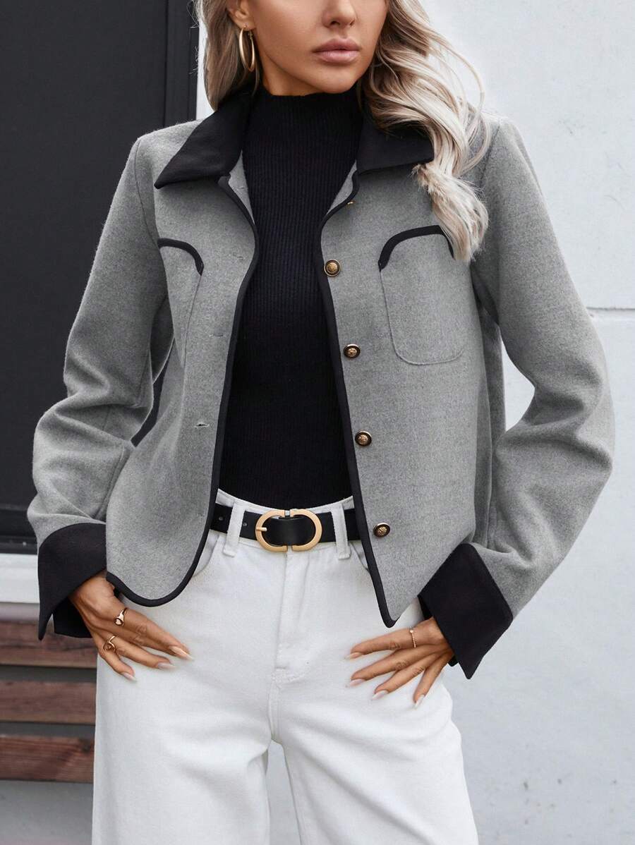INAWLY Grey Double-Sided Short Jacket With Contrast-Color Metallic Buttons For Women - Multicolor - View 1