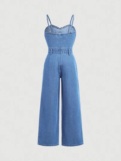 SHEIN Girlism Tween Girls Fall Clothes Fashion Casual Cute Bowknot Plaeated Spaghetti Strap Denim Jumpsuit With Wide Leg Pants