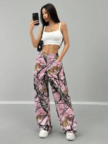 SHEIN EZwear Pantalones de pierna ancha de mujer casuales con estampado de ramas de árbol tejidos