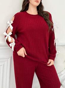 Bộ đồ ngủ tay khoét rỗng họa tiết bướm đan màu trơn cỡ lớn - Màu Đỏ Sâu - Xem 6