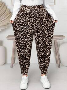EMERY ROSE Plus Size Women's Leopard Print Ruched Ankle Casual Baggy Pants,Spring
