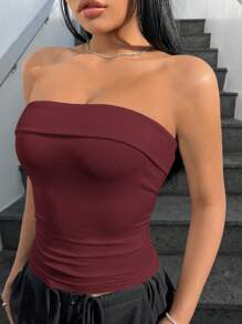 SHEIN EZwear Burgundy Knit Tight Bandeau Tube Top, Simple & Fashionable For Casual Daily Wear - Burgundy - View 4