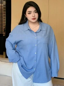 Dazy Plus Plain Collar Loose Basic Long Sleeve Shirt, Spring/Summer/Autumn,Fall Women Clothes - Blue - View 4