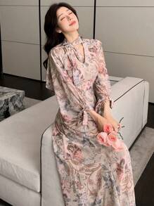 DAZY Women's Floral Print V-Neck Ruffle Long Dress, Pink, Spring/Fall Long Sleeve Dress Maxi Dress - Pink - View 5