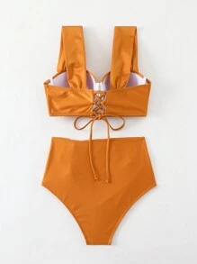 Conjunto de bikini de cintura alta con taza de acero de unicolor y torsión para mujer, para el verano