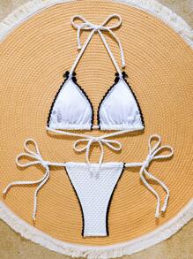 Completo bikini casual e semplice da ragazza con fiocco e pizzo, adatto per vacanze al mare e stile Y2K, per primavera/estate - Bianco e nero - Visualizzare 2