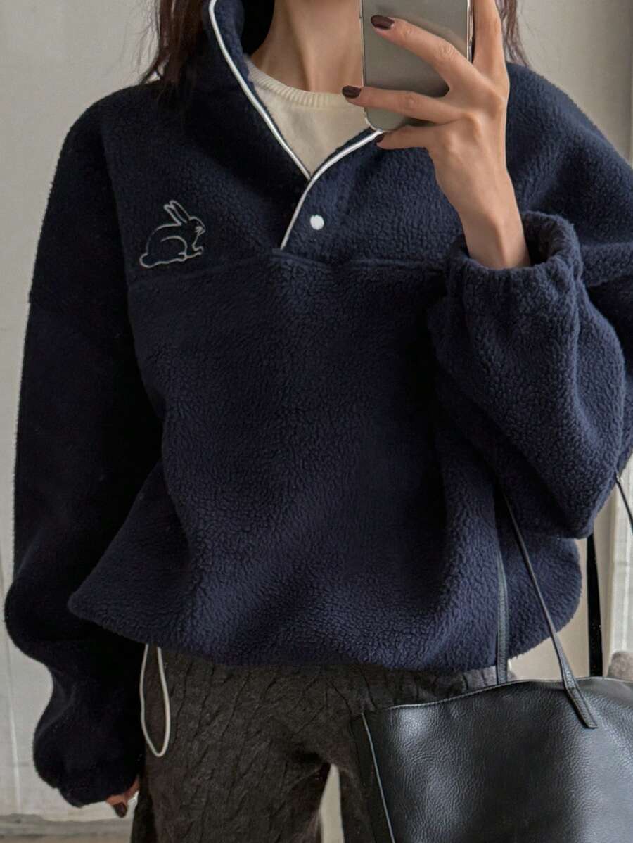 DAZY Women's Colorblock Trim Long Sleeve Graphic Detail Minimalist Blouse - Navy Blue - View 1