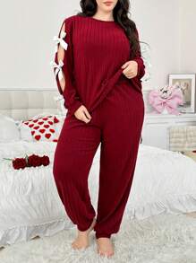 Bộ đồ ngủ tay khoét rỗng họa tiết bướm đan màu trơn cỡ lớn - Màu Đỏ Sâu - Xem 3