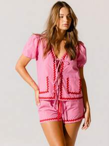 Aralina Stripe Pink With Red Trim Puff-Sleeve Tie Front Short Sleeve Blouse - Pink - View 10