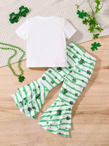 SHEIN Leap Crew Bộ 2 áo thun dệt kim Clover thường ngày cho bé gái và quần ống loe dệt kim - Nhiều màu - Xem 2