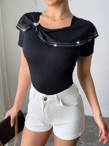 Chiquease Camiseta de manga corta con parche de lazo, con aplicaciones de piedras, corte slim, estampados florales aleatorios de verano - Negro - Ver 4