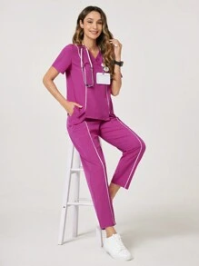 TaskEZ Set de 2 piezas con parte superior de cuello en V de manga corta y pantalones con bolsillos, uniforme de cirugía