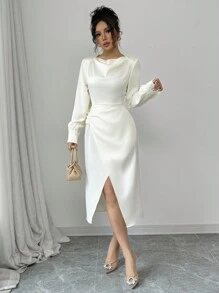 Elenzga Vestido feminino com decote drapeado e bainha cruzada - Champagne - Ver 6