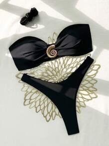 Swim Chiccia 1 件女式沙滩装夏季假日金属装饰可拆卸吊带泳衣上衣和高腰褶皱比基尼泳裤 - 黑色 - 查看 1