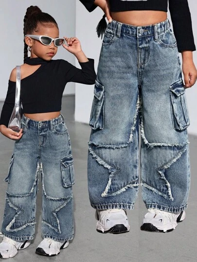 SHEIN 年轻女孩 Y2K 拼布星星复古蓝色宽松牛仔长裤，女孩新年多口袋街头酷牛仔裤