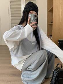 DAZY Women Casual Round Neck Loose 2 In 1 Long Sleeve T-Shirt