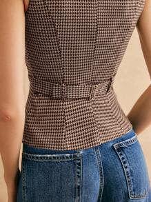 Poéselle 女式前扣格子无袖简约背心，休闲日常穿着 - 棕色 - 查看 7