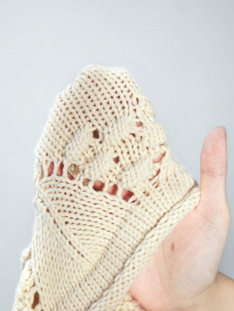 SHEIN Maija Women's Pale Peach Textured Knit Pullover, Casual Contemporary Urban Style, Comfortable Relaxed Fit Dropped Shoulder Long Sleeve Diamond Pattern Design Sweater, Suitable For Autumn And Winter Old Money