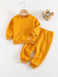 Cozy Pixies 2pcs Baby Solid Color Knitted Sweatshirt And Tapered Elastic Waist Sports Pants Set, Casual Homewear & Outerwear Outfit - Brown - View 3