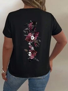 SHEIN LUNE 大码女式圆领夏季 T 恤，带骷髅印花和玫瑰印花 - 黑色 - 查看 3