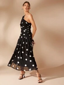 L'Amorae Elegant Polka Dot One Shoulder Long Sleeve Drop Waist Flowy New Year Holiday Party Maxi Dress - Black and White - View 5