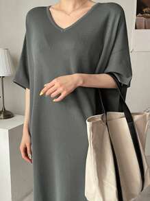 DAZY Damen einfarbiges, locker geschnittenes Pulloverkleid mit V-Ausschnitt und Dropped-Shoulder, grau, Frühling/Sommer - Grau - Übersicht 5