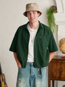SWAVVY Men's Plaid Loose Short Sleeve Shirt,Boxy Fit,Y2K, Fall - Dark Green - View 5