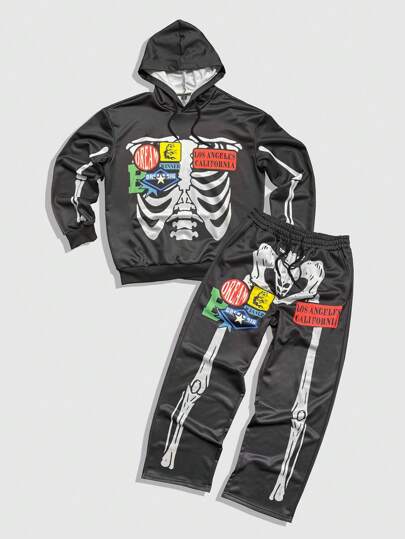 Street Life Conjunto casual de 2 piezas para hombre: sudadera con capucha de manga larga estampada y pantalones