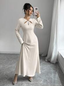 SHEIN Essnce Women Long Satin Dress, Metal Clasp Hollow-Out Dress, Long Sleeve Dress,Spring - Beige - View 9