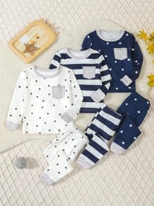 SHEIN 3 Stück/Set Baby Jungen Sterne Muster figurbetonter Langarm-Oberteil und Hose Pyjama/Freizeitbekleidung Set, Navy Blau, Weiß & Grau - Verschiedenfarbig - Übersicht 7